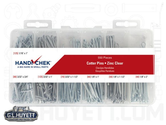 COTTER PIN ASSORTMENT, CARBON, STEEL, ZINC, CLEAR, 550 PIECE, HANDI-CHEK 