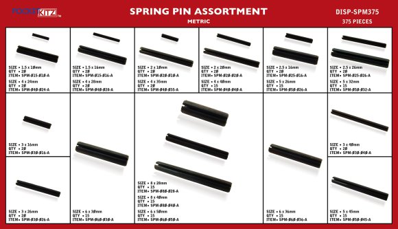 SPRING PIN, ASSORTMENT, METRIC, CARBON STEEL,ZINC CLEAR,  PLAIN, 375 PIECE, HANDI-CHEEK VERSION